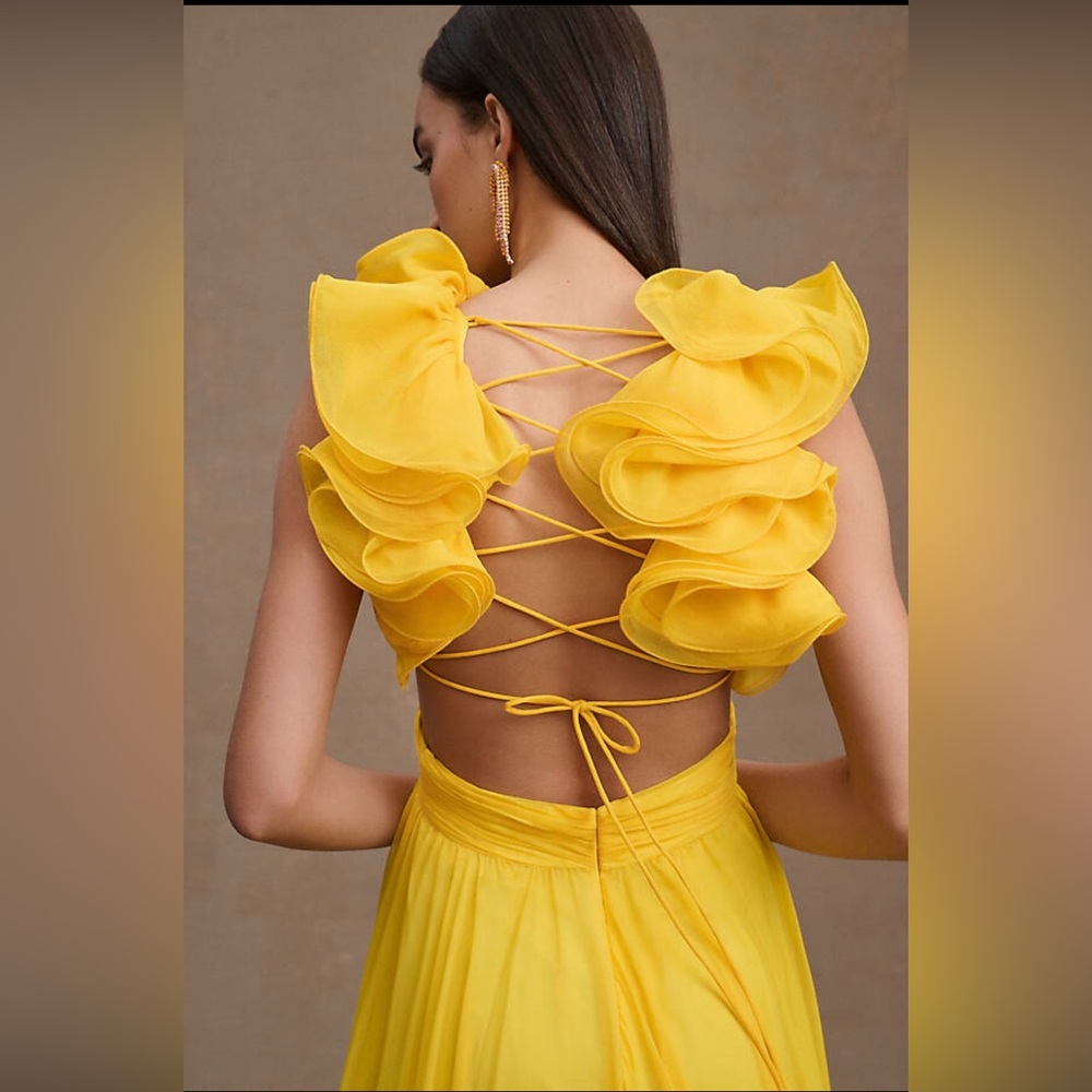 NWT Mac Duggal 67911 Neon Yellow Ruffle Tiered Cut-Out Chiffon Gown Size 4 - Picture 6 of 9